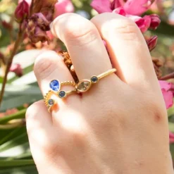 Anillo Plata Dorada Navette y Zafiros*Eguzkilore Outlet