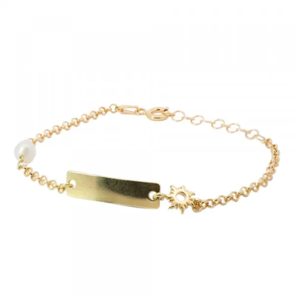 Pulsera Identidad de Plata Dorada rectangular y Perla Personalizable*Eguzkilore Best