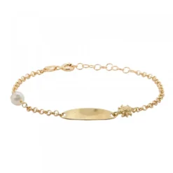 Pulsera Identidad Ovalada de Plata Dorada y Perla Personalizable*Eguzkilore Online