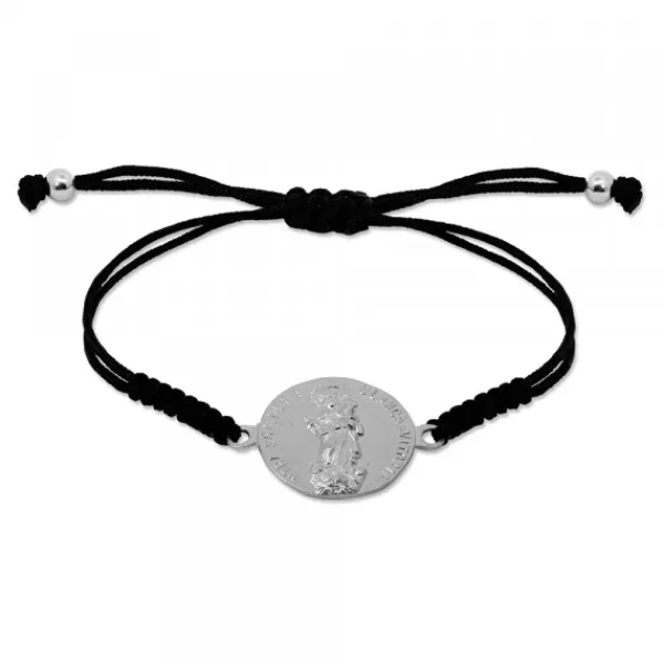 Pulsera Redonda Virgen Blanca de Plata con Hilo Negro Personalizable*Eguzkilore Best