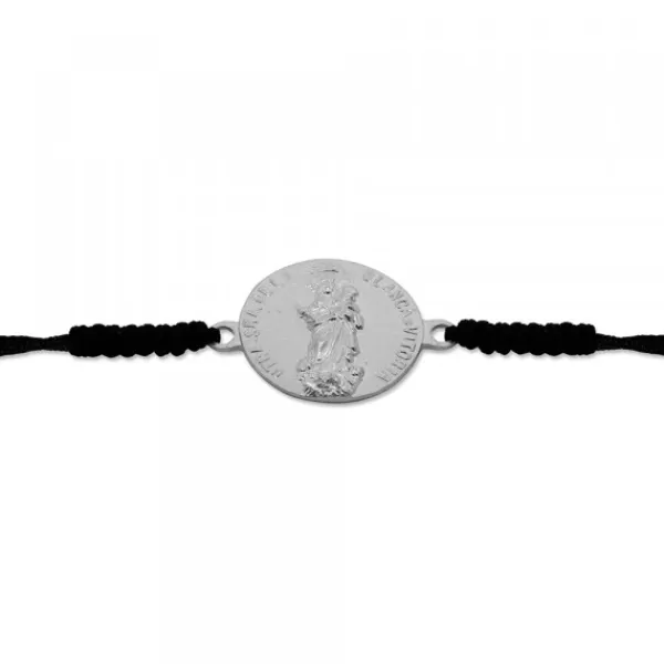 Pulsera Redonda Virgen Blanca de Plata con Hilo Negro Personalizable*Eguzkilore Best